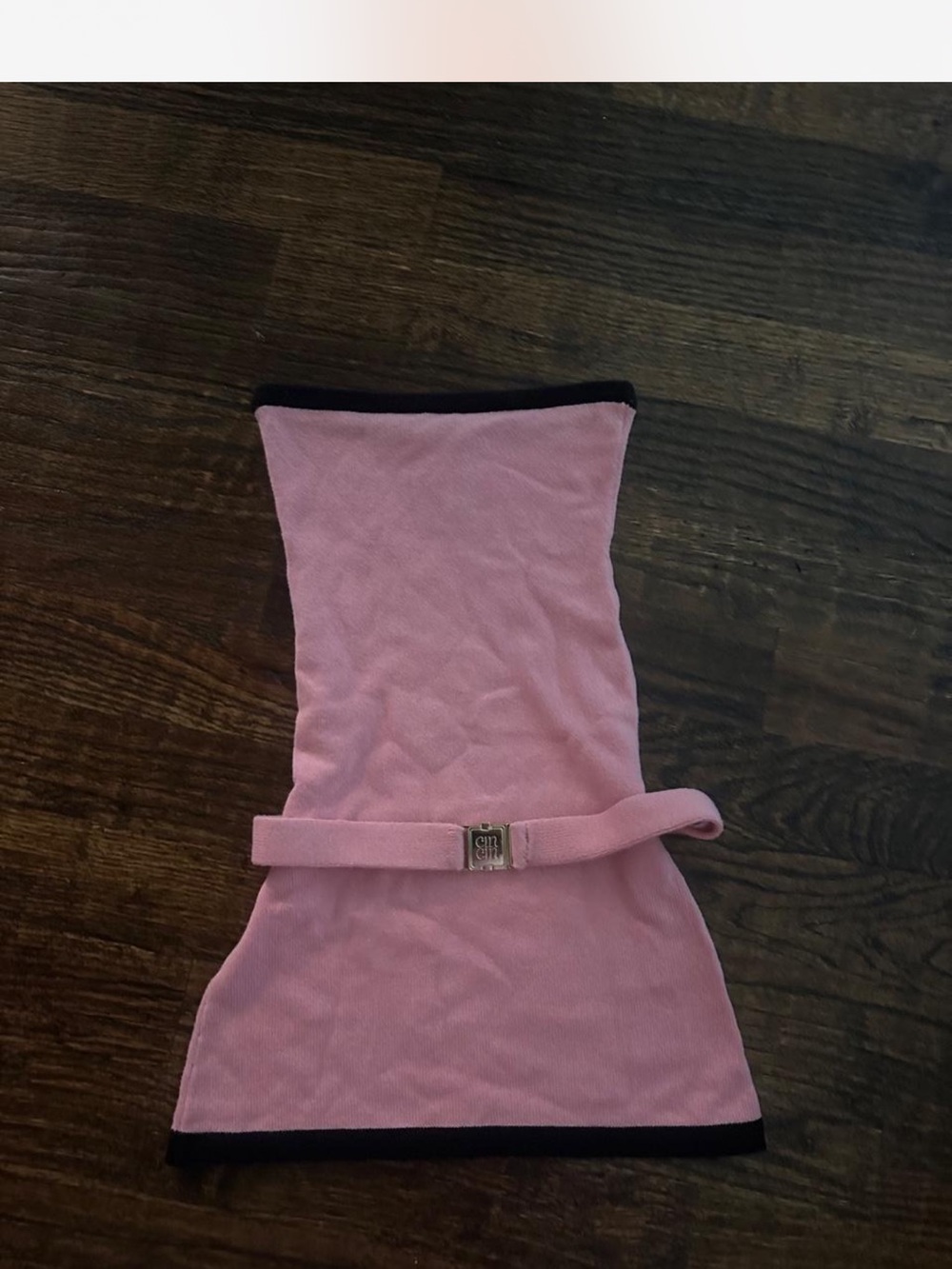 Strapless Pink Knit Mini Dress with Black Trim and Gold Buckle - Picture 3 of 3